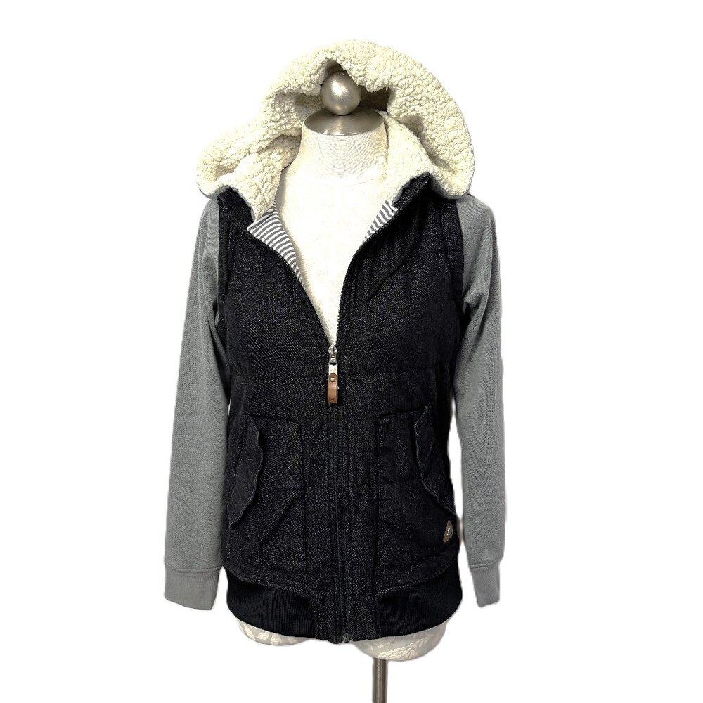 Burton Dry Ride Jacket Blk Denim Sherpa Hoodie W/ Gray Long Sleeve Size Small